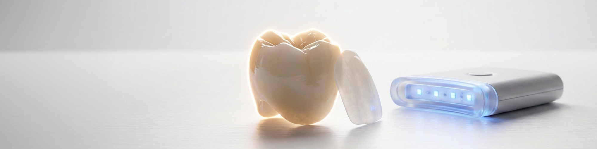Dental crown, veneer, and whitening light on white surface.